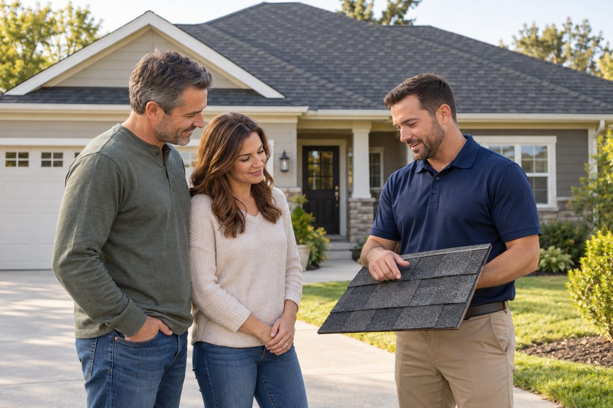 A roofing specialist showing a shingle sample to homeowners outside their home