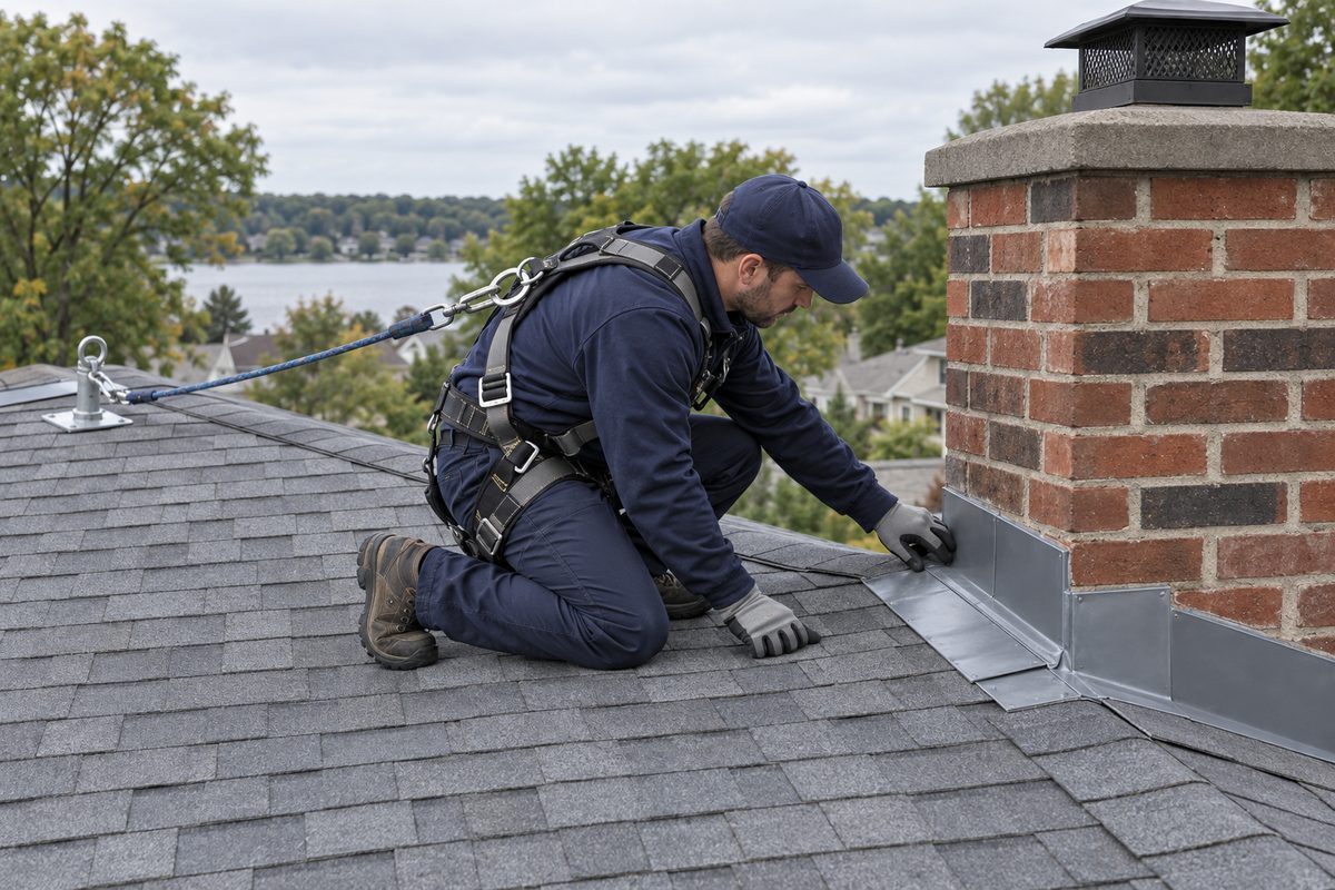 A roofer sealing the flashing where the roof meets a brick chimney