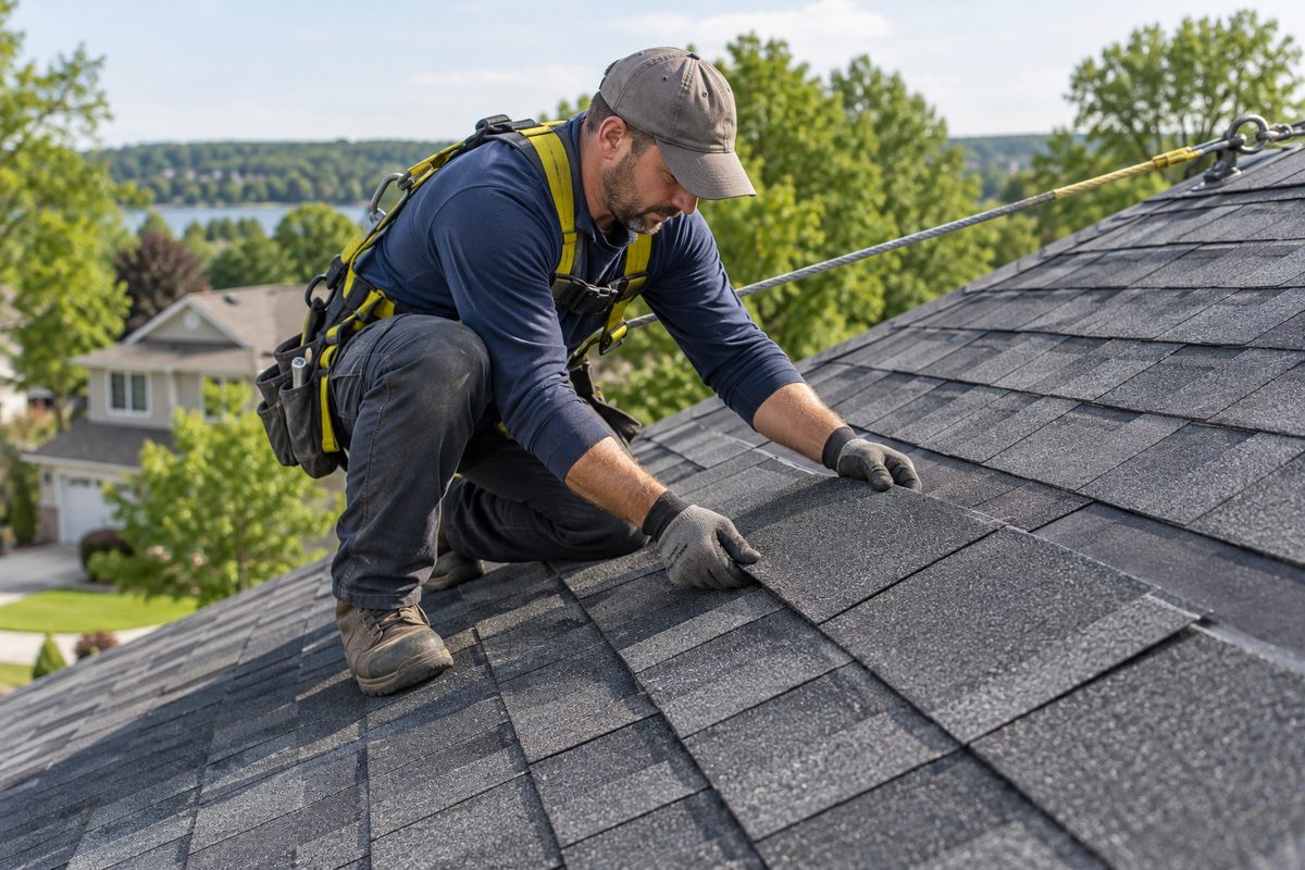 A roofer fastening new shingles during a roof replacement